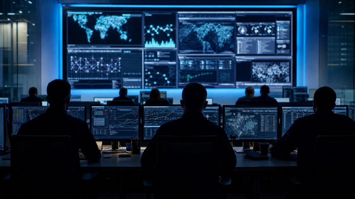 A security operations centre monitoring for threats — the kind of facility that would be on the front line of responding to AI-generated cyberattacks.