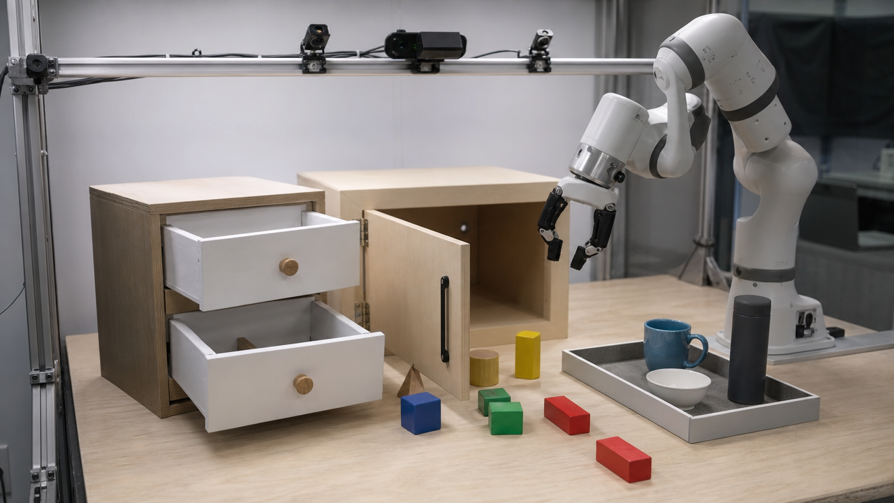 Robot benchmarks need to test planning, grounding, correction, and recovery across cluttered tasks rather than isolated motions. Image: SUPERBASH_.