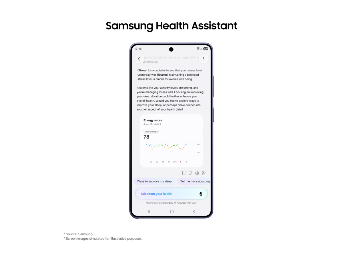 Samsung's beta shows Health Assistant explaining wellness patterns and energy score data inside the phone interface. Image: Samsung Newsroom, official press image.