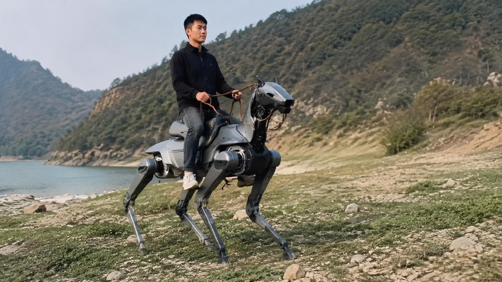 A four-legged robot carries a rider at a Chinese robotics conference, demonstrating balance and payload management in a controlled demonstration environment. Image: SUPERBASH_.