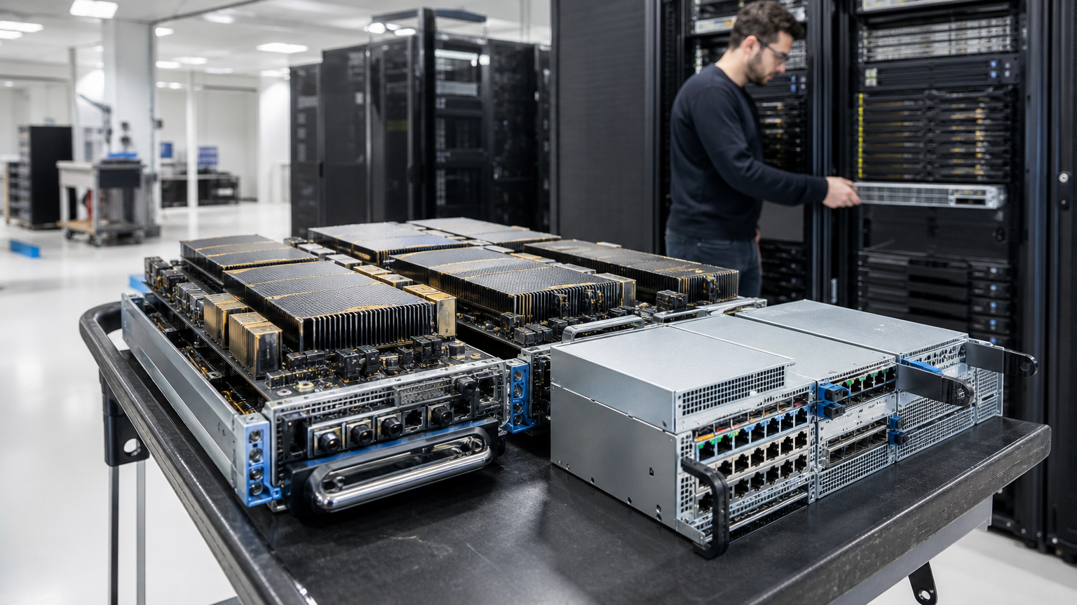 Server racks equipped with Nvidia GPU hardware inside an AWS data center facility. Image: SUPERBASH_
