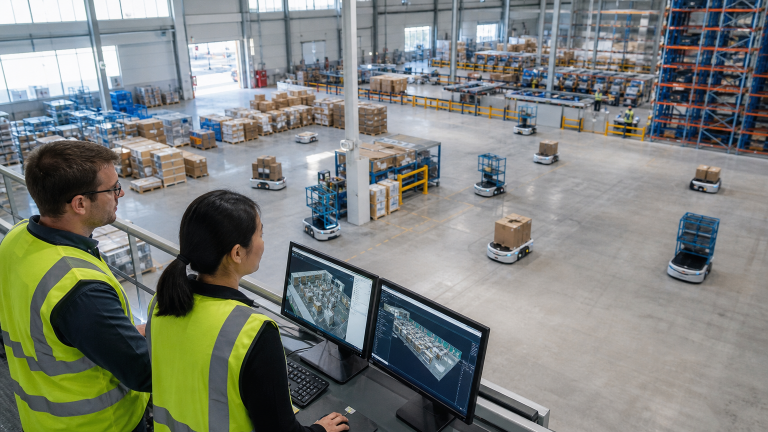 A warehouse robotics testing area where Amazon has begun evaluating Nvidia's physical AI tools for automation. Image: SUPERBASH_