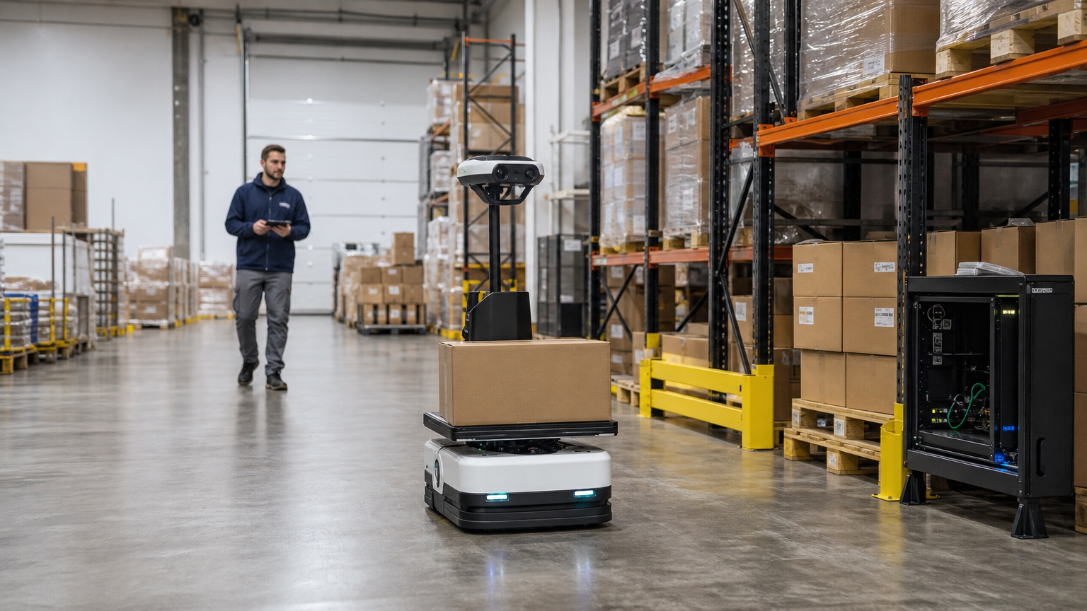 A factory floor scene shows a mobile robot equipped with a camera array intended to run vision models like Isaac 0.5 for obstacle detection. Image: SUPERBASH_