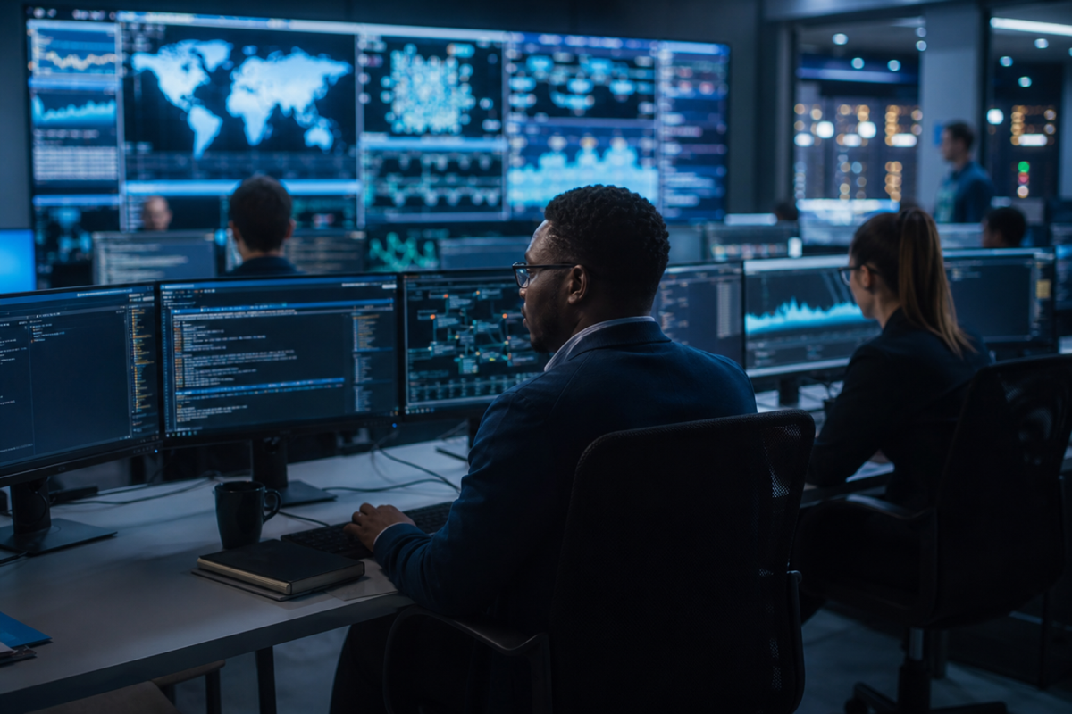 A modern enterprise technology operations centre — the kind of environment DeployCo's forward-deployed engineers will be working inside client organisations.