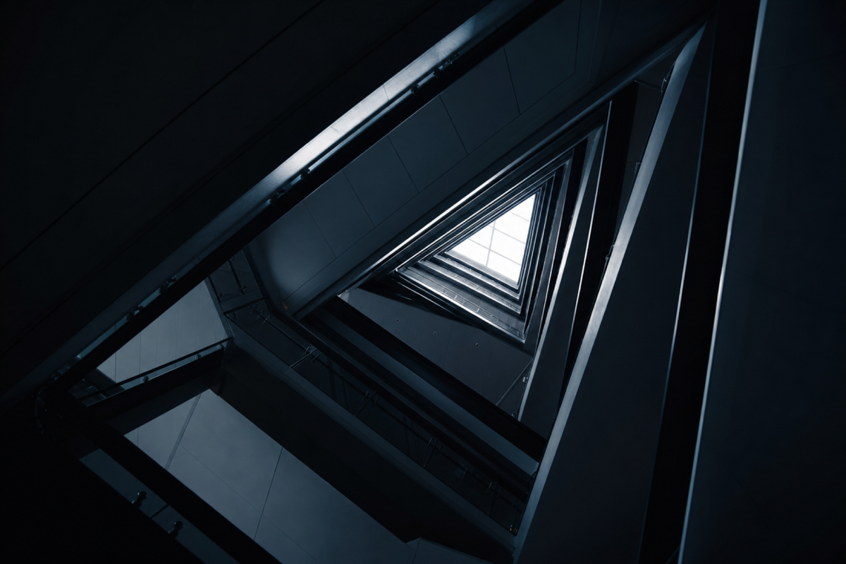Abstract architectural texture — the structural inequities of AI productivity distribution are embedded in the systems being built today.