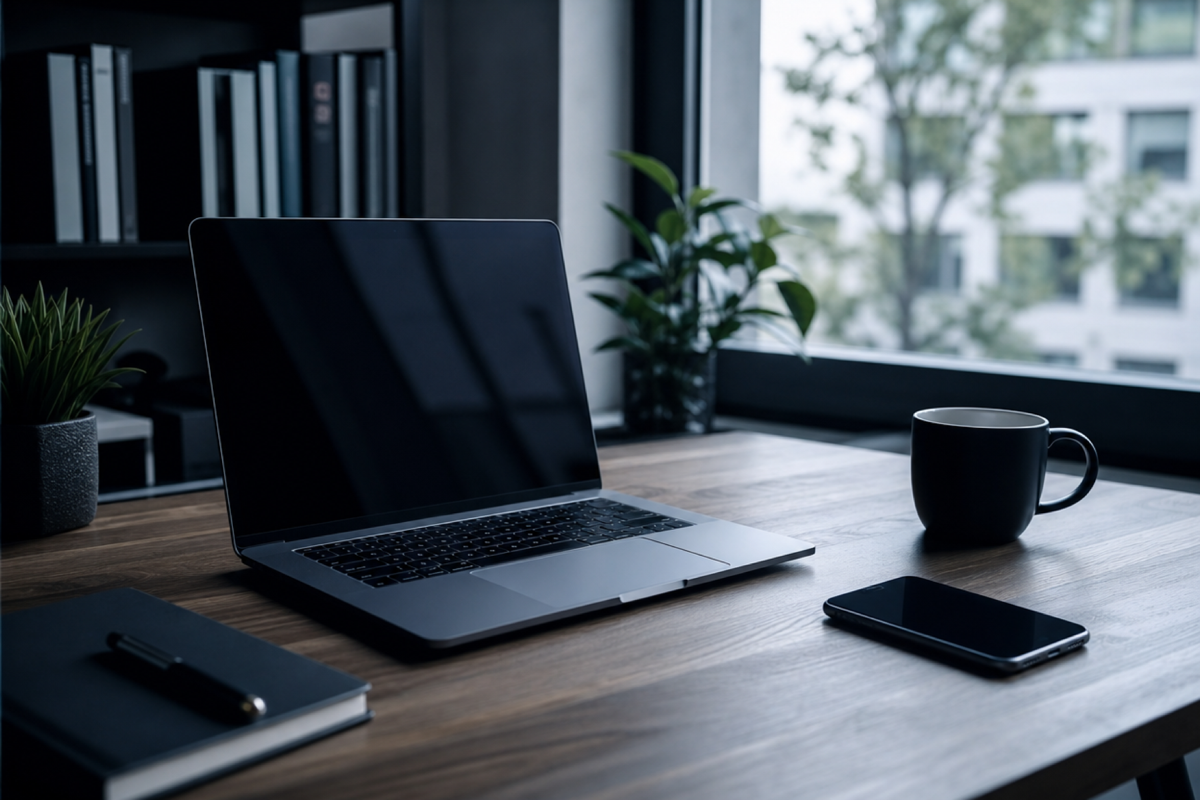 A modern office workspace with laptop and smartphone — the kind of environment where Gemini Spark's always-on agent capabilities are designed to operate.