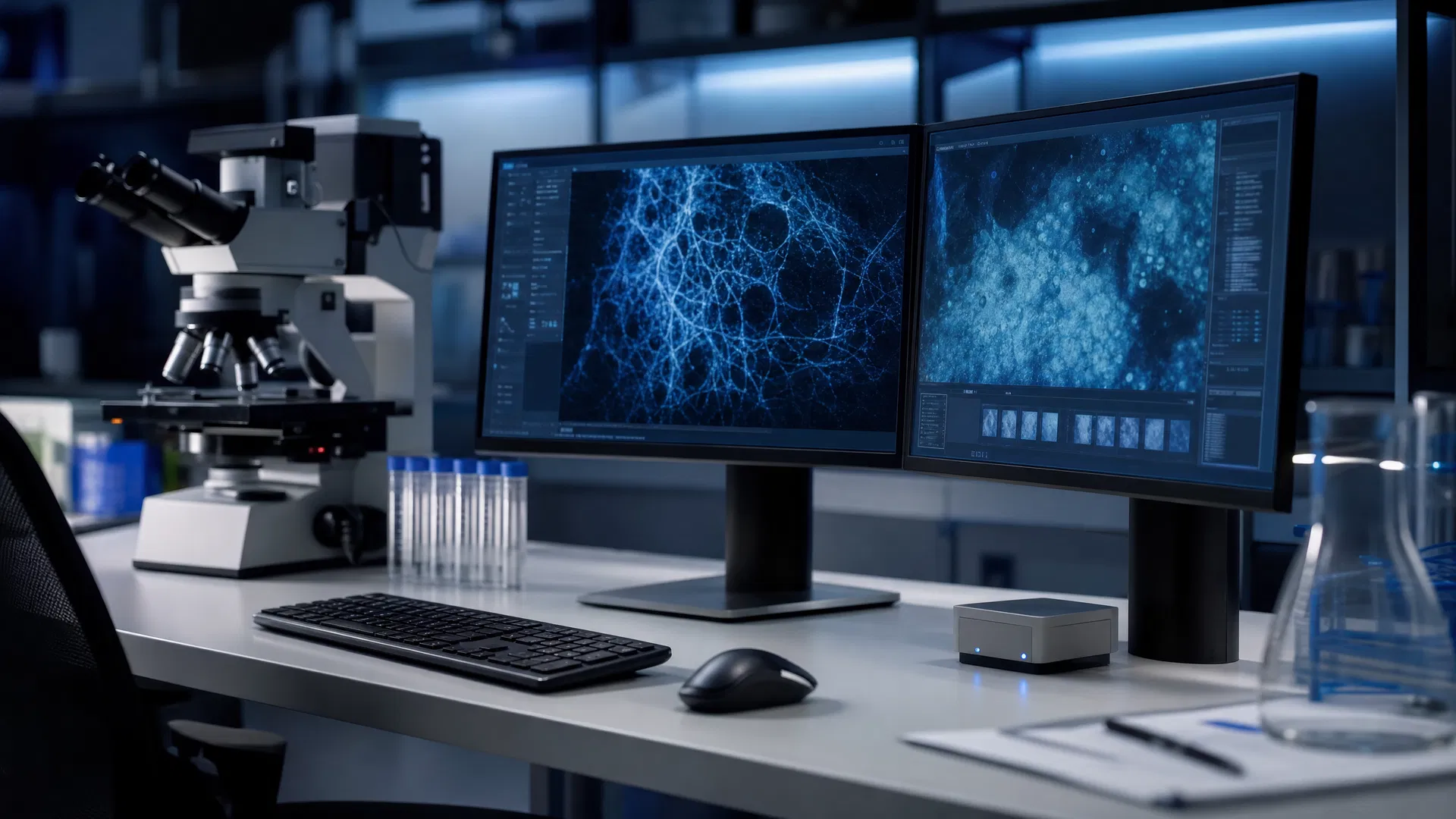 A research laboratory equipped with the kind of computational workstations that Gemini for Science tools are designed to augment.