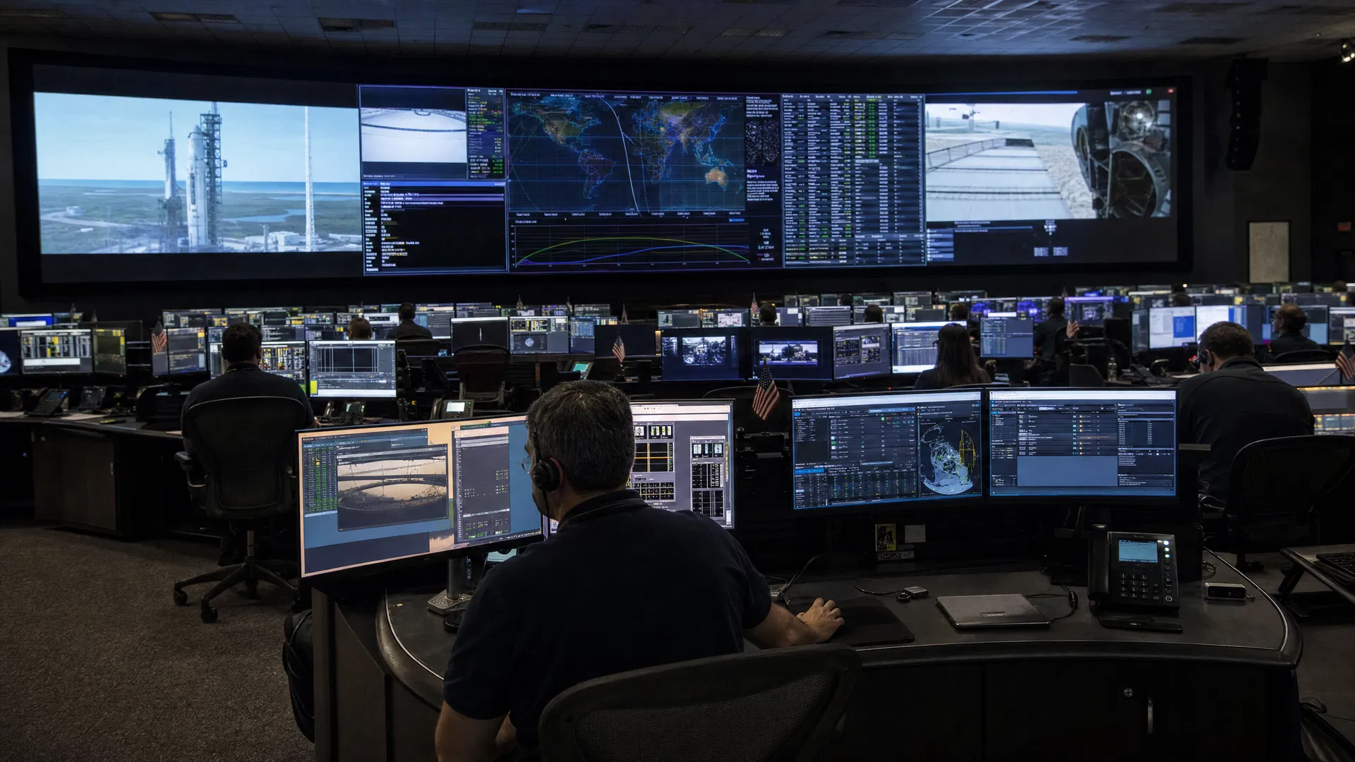 A mission control center of the type used to monitor Starship's complex multi-phase flight profile during Flight 12.