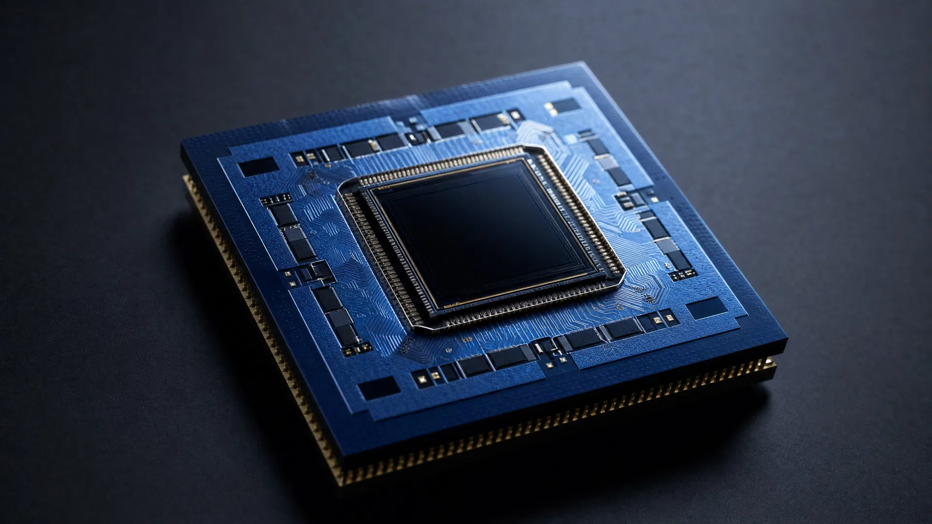 A superconducting quantum processor chip. The intricate circuit traces carry qubits operating at temperatures near absolute zero. Credit: IBM Research