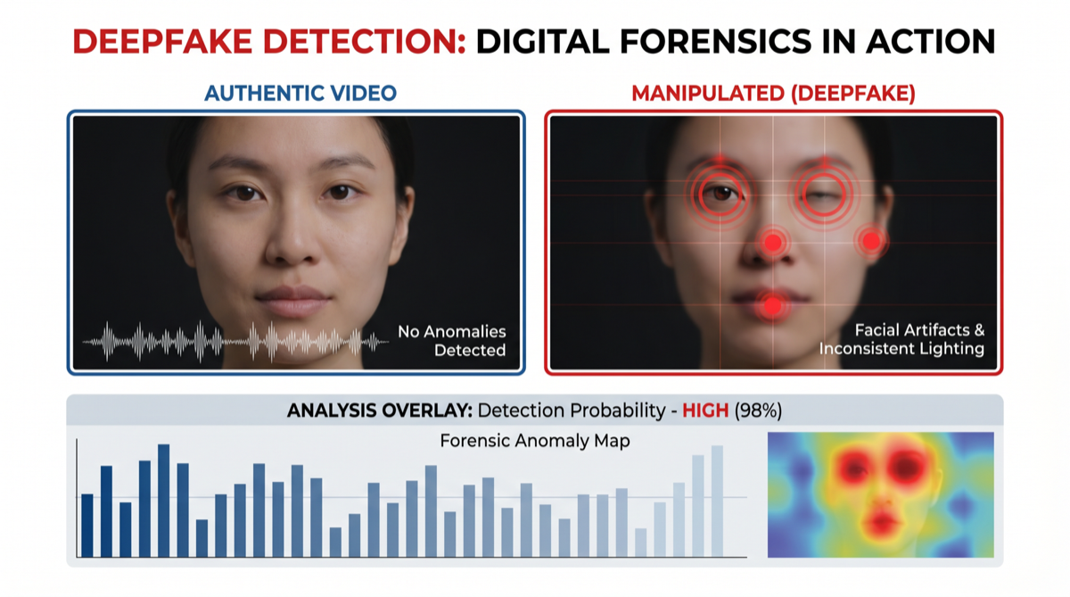 Sentinel-7's detection interface showing the analysis of a deepfake video. Red markers indicate detected facial artifacts and lighting inconsistencies. The system processes video at 30 frames per second on standard hardware.